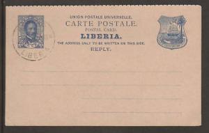 Liberia H&G 5 used 1892 3c Pres. Benson Reply Card  2;0