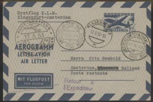 Austria 1953 Airmail Aerogram Cover Klagenfurt Amsterdam G107954