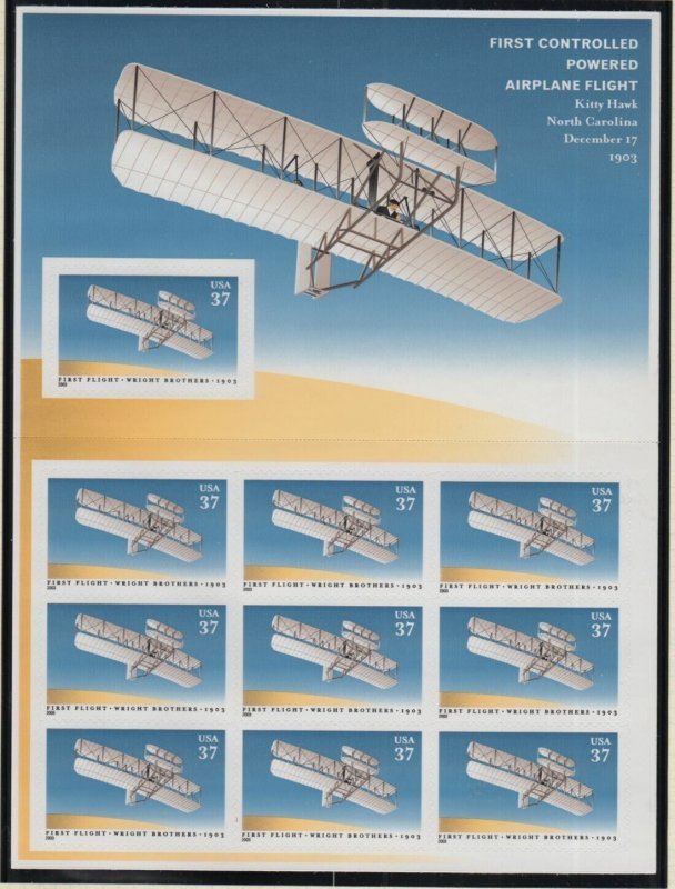 US#3783 1ST. CONTROLLED POWERED FLIGHT PANE 20- NH - VF  Brkm. $18.75 (ESP#H410)