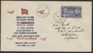 1939 Newfoundland #249 Royal Visit FDC Pioneer Stamp Co Cachet Windsor NEWFD CDS