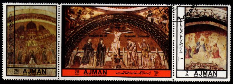 Ajman - Cancelled Strip of 3 Stampworld.com #2641-3 (Religious Art)