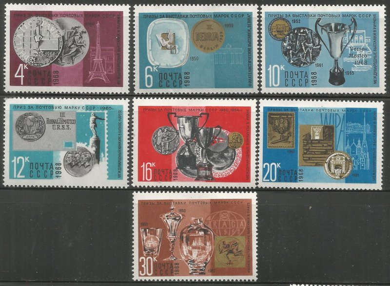 RUSSIA  3534-3540  HINGED,  AWARDS TO SOVIET POST OFFICE AT FOREIGN STAMP EXHIB.