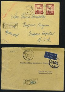 POLAND 1947 TWO REGISTERED AIRMAIL WARSAW COVER TO EUGE