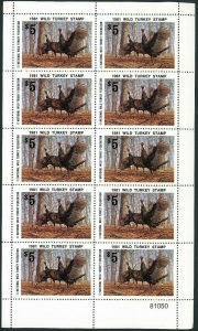 NATIONAL WILD TURKEY FEDERATION STAMP 1981 FULL SHEET OF 10 .Reg $25 single