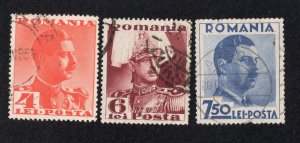 Romania 1935 4 l, 6 l & 7.50 l Carol II, Scott 451, 453-454 used, value = 80c