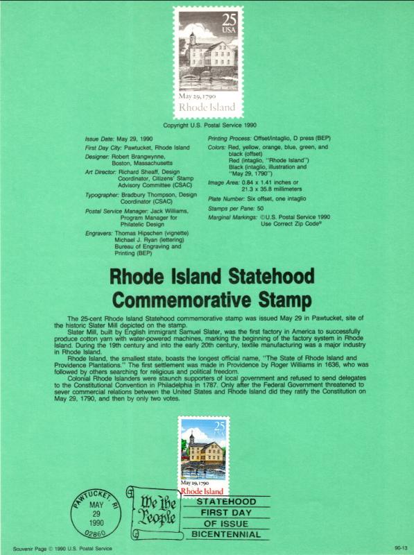 US SP812 Rhode Island Statehood 2348 Souvenir Page FDC