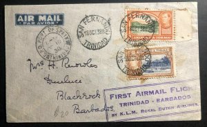 1939 San Fernando Trinidad & Tobago First Flight Airmail Cover To Barbados KLM
