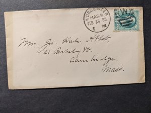 1883 DUPLEX W CANCEL Postal Cover Worcester to Cambridge, Mass 