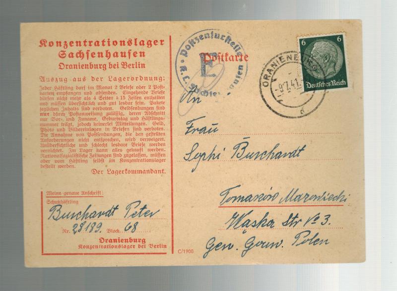 1941 Germany Oranienburg Concentration Camp Postcard Cover KZ Peter Burchardt