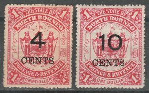 NORTH BORNEO 1895 ARMS OVERPRINT 4C/$1 AND 10C/$1