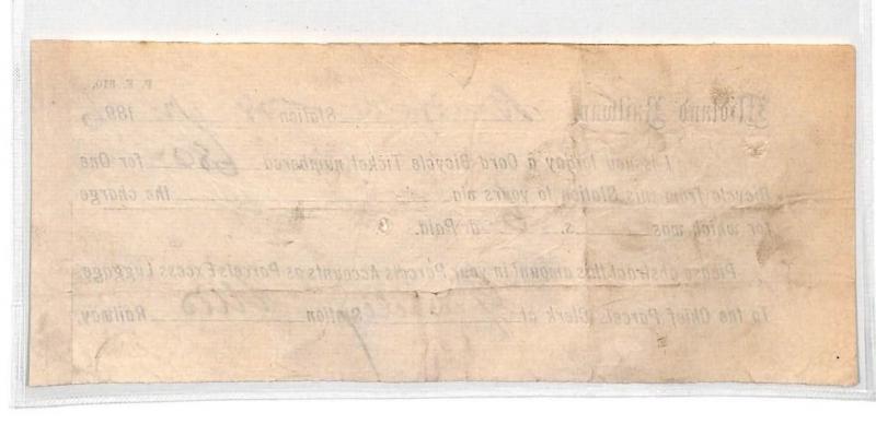 GB PARCELS Bradford Railway Station *BICYCLE TICKET* Very Scarce Item 1896 CB248