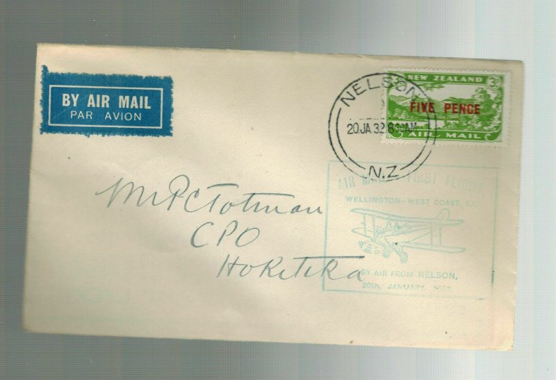 1932 New Zealand Nelson to Hokitika FFC First Flight Cover # C4