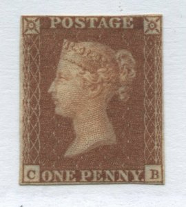 1841 Penny Red CB on lovely lavender paper (Ivory Head on rev) unused 4 margins