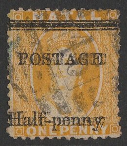 NATAL 1877 'POSTAGE Half-penny' on QV Chalon 1d yellow, error DOUBLE + shifted.