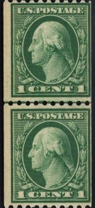 US #448 1c Green Washington Coil Joint LINE Pair MINT HINGED SCV $60.00