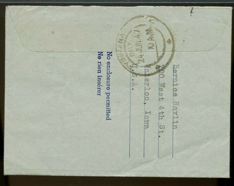 15 cent AIR LETTER to BURMA Asia Rec'r 1947 airmail PEACE issue Canada