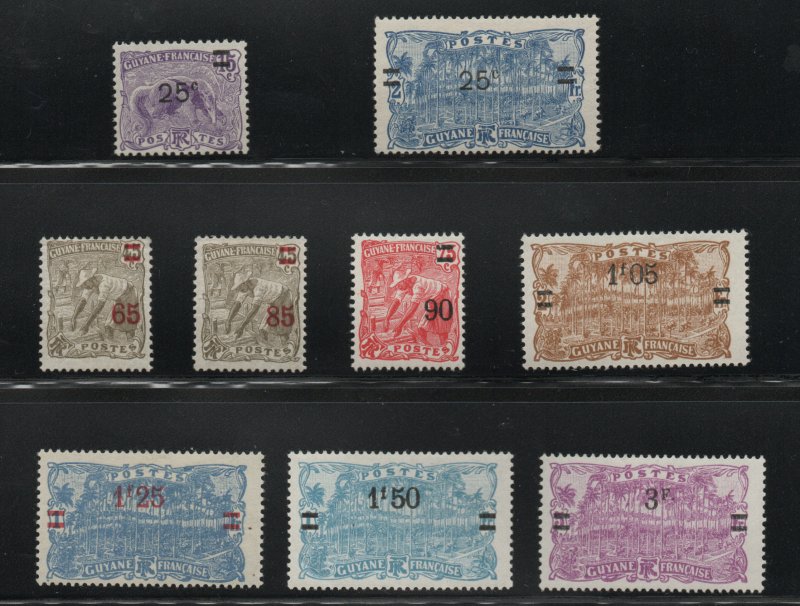 French Guiana Scott 100-108 MH* 1924-27 surcharge set