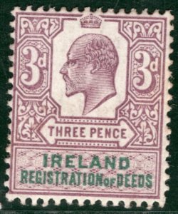 GB IRELAND KEVII REVENUE Stamp 3d REGISTRATION OF DEEDS Mint MM Y2WHITE57