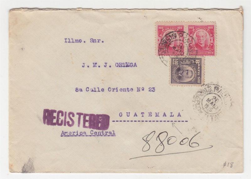 BRAZIL, 1916 Registered cover,100r.(2), 500r Sao Paulo to Guatemala via New York