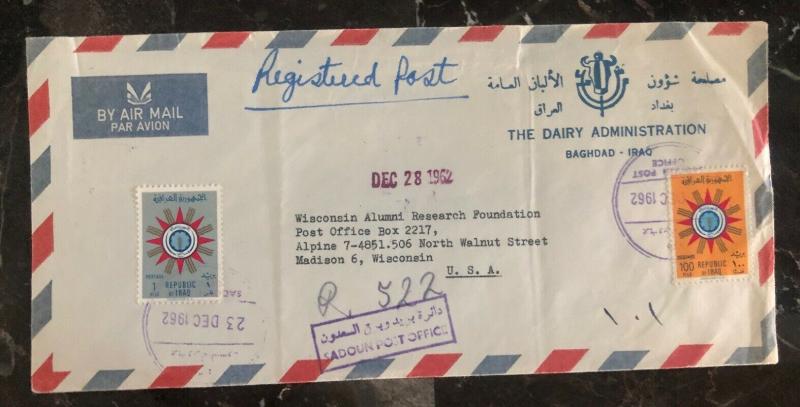 1962 Bagdad Iraq Dairy Admin Airmail Cover To Madison Wi USA MXE