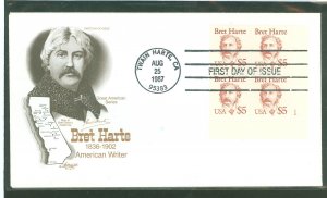 US 2196 1987 $5.00 Bret Harte, American Writer (high value of the Great american series) plateblock of four on an unaddressed fi