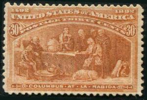 US 239 1893 30¢ Orange Brown Columbian  Full Original Gum MNH Fine Centering