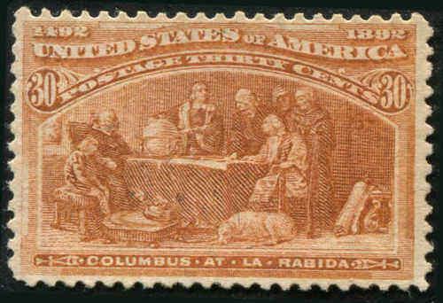 US 239 1893 30¢ Orange Brown Columbian  Full Original Gum MNH Fine Centering