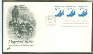 US 2135 1986 17c dogsled, transportation series, coil plate number #2 strip of 3 on unaddressed fdc with artcraft cachet