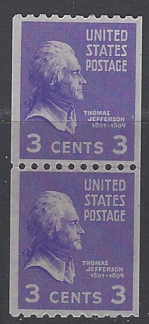 United States, Scott #851; 3c Thomas Jefferson Coil Pair, MNH