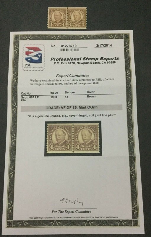 MOMEN: US STAMPS #687 LINE PAIR MINT OG NH **PSE GRADED CERT 85** LOT #33390