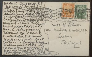 ?Vancouver to PORTUGAL Scroll stamps post card 1930 receiver Lisbon, Canada