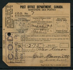 ?1923 C.O.D. Money Order receipt Cross Creek & Stanley N.B. s/r's cover Canada