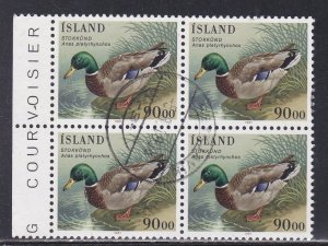 Iceland # 645, Birds, - Duck, Used Block of Four, 1/3 Cat.