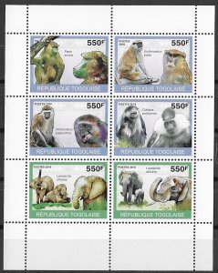 Togo MNH S/S Monkeys & Elephants Wild Animals 2010 6 Stamps