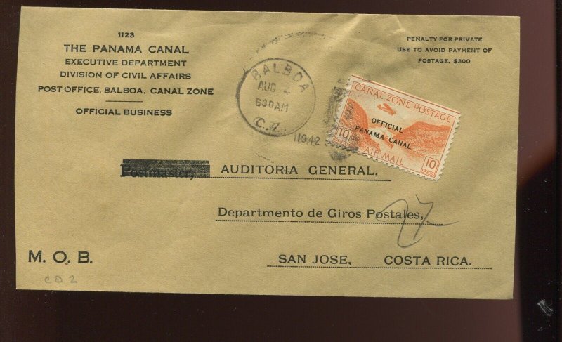 Canal Zone CO2 Airpost Official Used on OB Penalty Cover to Costa Rica CZ MOB7