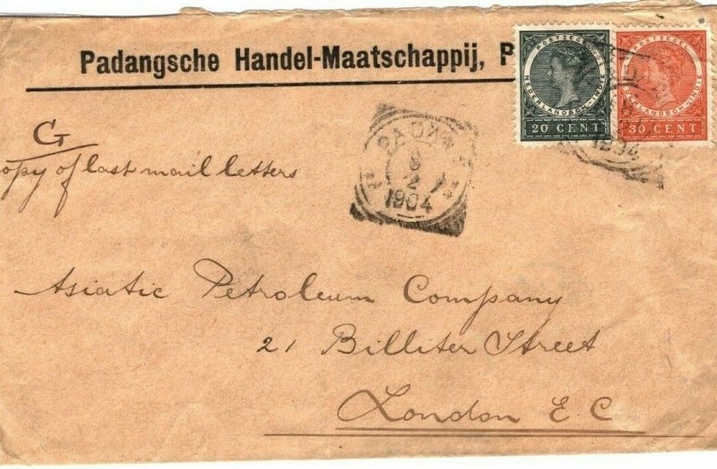 DUTCH EAST INDIES Cover *Padang* Squared Circle GB London PETROLEUM 1904 SQ14