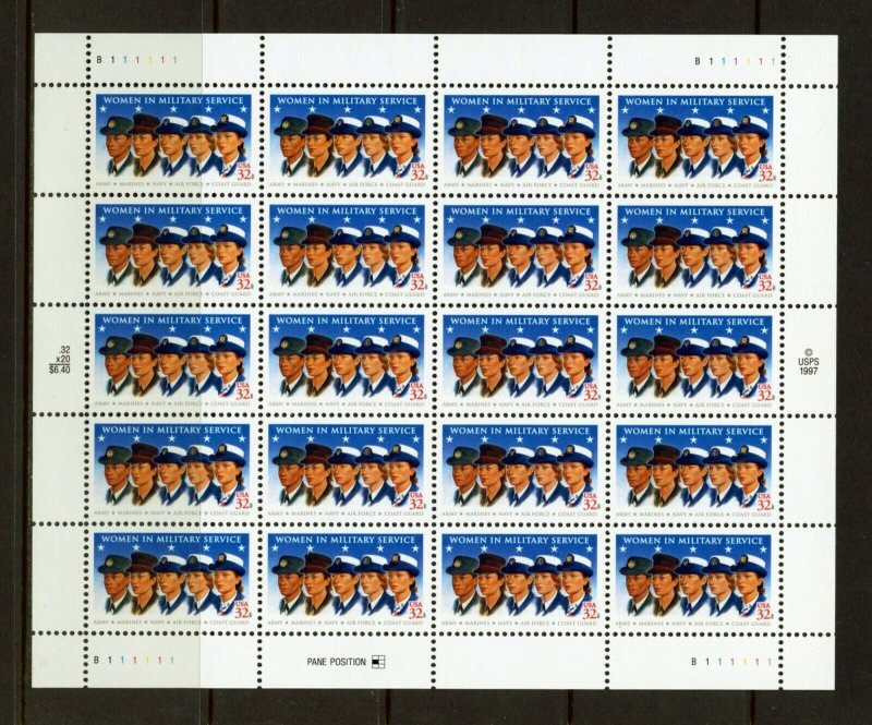 UNITED STATES SCOTT#3174 WOMEN IN MILITARY SERVICE  SHEET OF 20 32c STAMPS  MINT