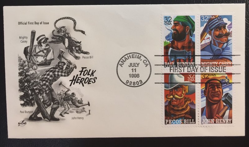 #3086a FDC Artcraft Folk Heroes - Paul Bunyan/Mighty Casey/Pecos Bill/John Henry