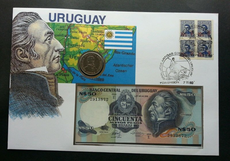 Uruguay General 1980 FDC (banknote coin cover) 3 in1 *rare