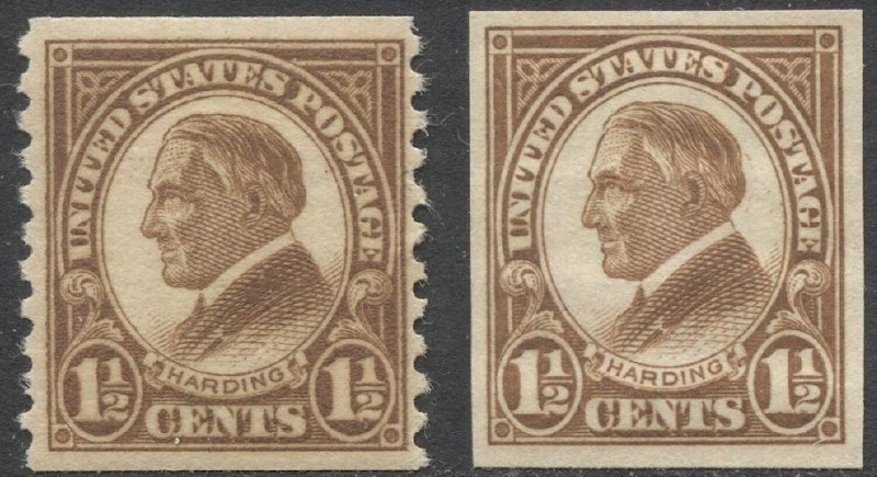 US 1923 Sc 598, 631 Coil + Imperf, 1 1/2c Harding, MLH, F-VF