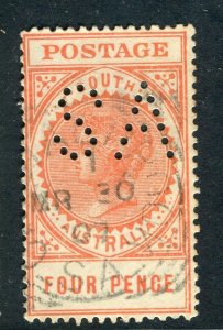 SOUTH AUSTRALIA; Early 1900s QV Stamp Duty ' SA ' Perfin Official 4d. + Postmark