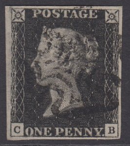 SG 2 1d black plate 8 lettered CB. Very fine used with a black Maltese cross...