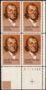 US #2038 JOSEPH PRIESTLEY MNH LR PLATE BLOCK #A111111 DURLAND $1.75