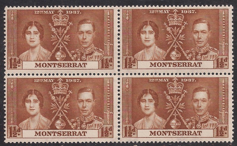 Montserrat 1937 KGV1 Coronation Block 4 Umm 1 1/2d SG 99 ( J1326 )