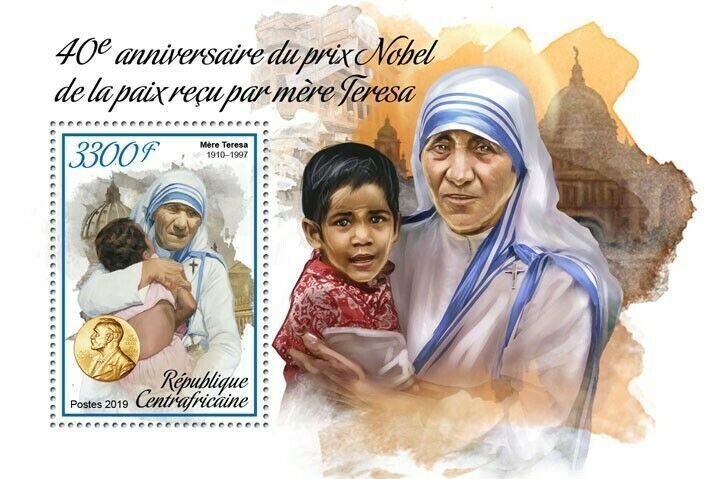 HERRICKSTAMP NEW ISSUES CENTRAL AFRICA Mother Teresa Nobel Prize S/S