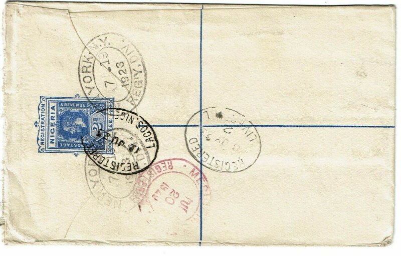 Nigeria 1923 Lagos cancel on registry envelope to the U.S.