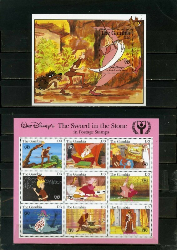 GAMBIA 1991 DISNEY THE SWORD IN THE STONE SHEET OF 9 STAMPS & S/S MNH 