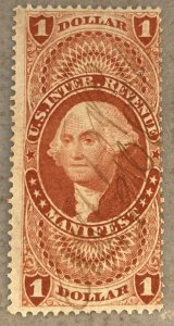 US R72c / 1862-1871 $1 Red Manifest George Washington Revenue Stamp, Used