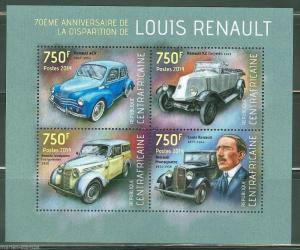 CENTRAL AFRICA 2014  70th MEMORIAL  OF LOUIS RENAULT SHEET MINT NH