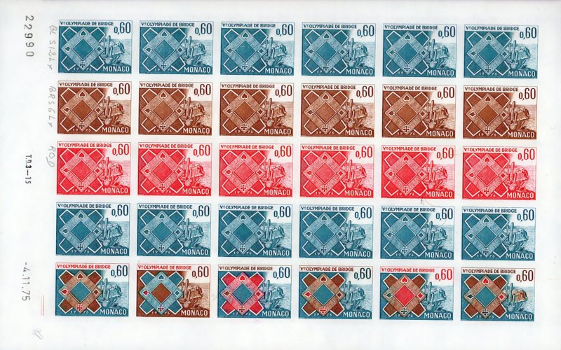 MONACO 1976 Sc#1018 Fifth BRIDGE OLYMPIADE MONTE CARLO COLOR PROOFS SHEETLET